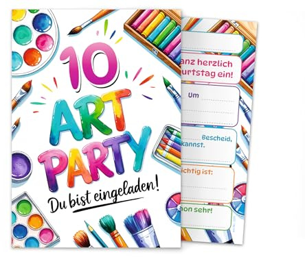 Junaversum 12 Einladungskarten zum 10. Kindergeburtstag Art Kreativ-Party Malparty Kunst Basteln DIY Künstlerparty Kinder Mädchen Einladungen zehnte Geburtstag Geburtstagseinladungen Kids