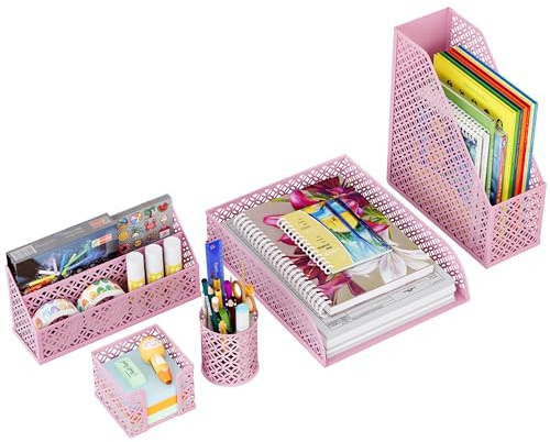 Solinxe Set d'organisation de Bureau en métal - Bac à Documents A4 Bac à courrier Porte-Crayons Porte-Lettres et Porte-Notes adhésives, Rose