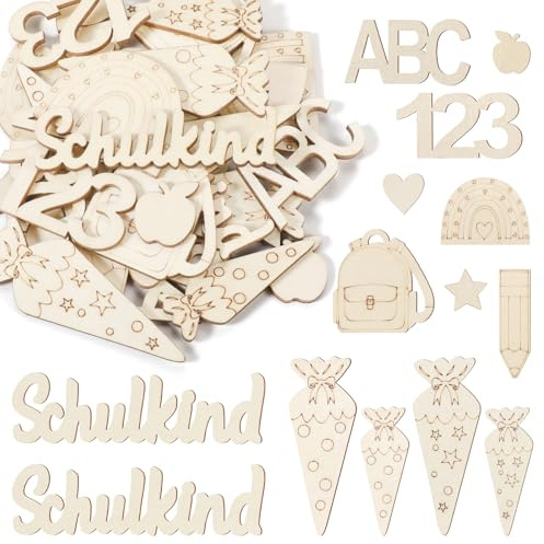 LLNRC 40 Stück Holz Streudeko Einschulung, Schulkind Deko Set mit ABC 123 Zuckertüte Bleistift, Tischdeko für Jungen & Mädchen