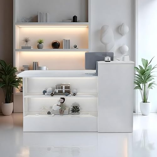 Empfangstheke Holzoptik mit Aufsatz, Empfangstisch Büro Empfangstresen mit abschließbaren Schubladen & Stauraum, Supermarkt Rezeptionstisch für Kosmetikstudio, Praxis & Salon(White-L,47.24L)