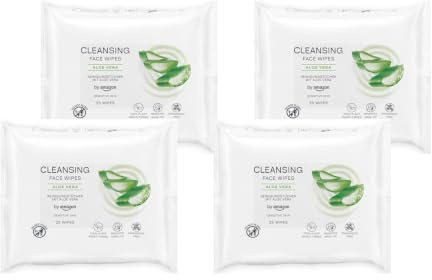 by Amazon Lingettes nettoyantes pour le visage à l'aloe vera, démaquillant, sans parfum, 25 lingettes (Lot de 4)