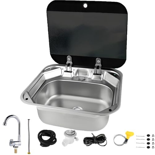 CHBMZ Wohnwagen Waschbecken Set, RV Camping Spüle Bausatz mit Klappbarem Wasserhahn und Deckel, 15 cm Tiefe, Wohnmobil-Küchenbar-Spüle mit Spülbecken Abflussgarnitur(Silver)