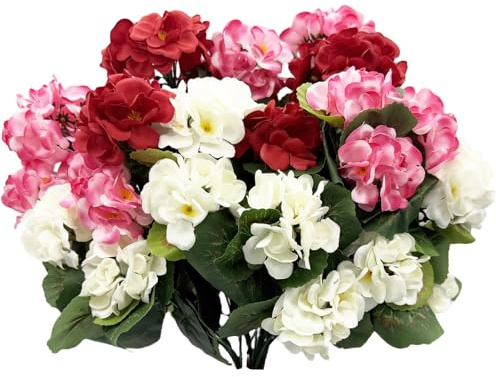 JOJAZE Künstliche Geranien, Kunststoffblumen, 6 Stück, künstliche Blumen für den Außenbereich, gemischte Farben, künstliche Pflanzen für draußen, Seiden-Kunstblumen, Outdoor-Pflanzgefäße, UV-beständig