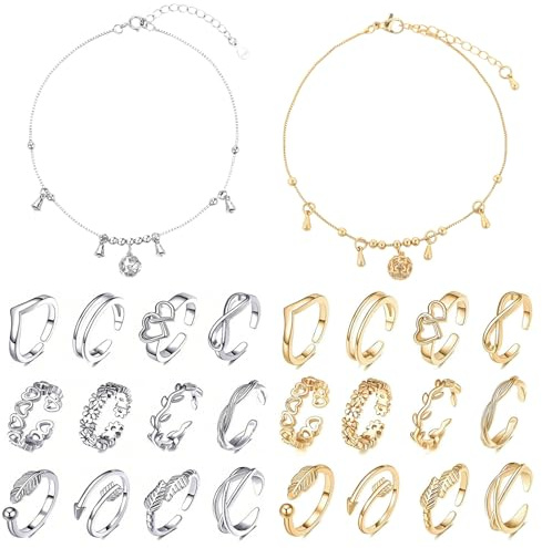 HTTDSLF 24 Stück Zehenringe für Frauen, Offene Zehenringe Set für Damen Mädchenm, Verstellbare Bandringe, Zehenringes Set Sommer Strand Fußschmuck