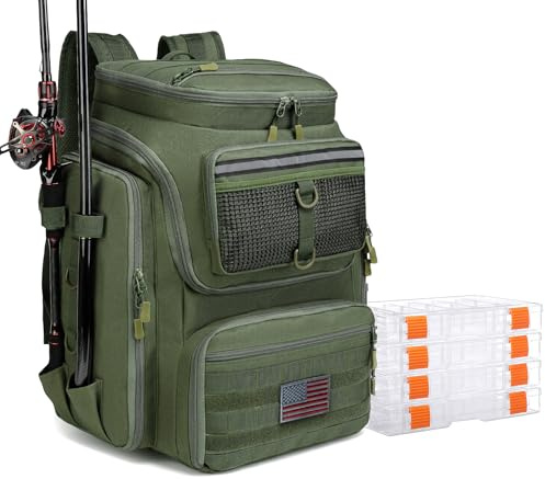 Angelrucksack mit Rutenhaltern, 40L Tackle Box Rucksack für Angelausrüstung, wasserdichte Angeltasche für Männer (Armeegrün (4 Tackle Boxen enthalten))