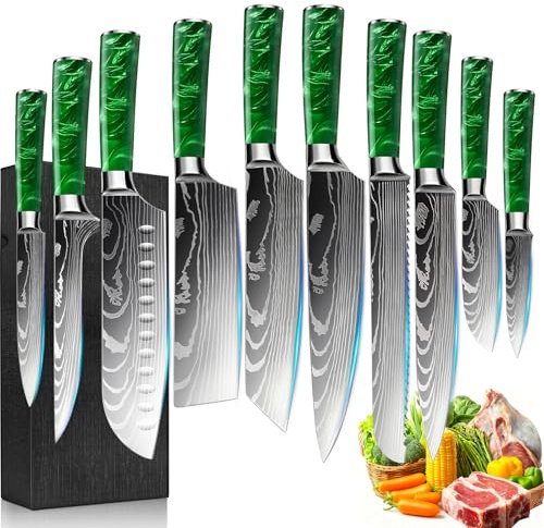 Knivblock-set, med 10 delar, handtag i harts, köksknivset med kockkniv, brödkniv, santokukniv, skalkniv, damastmönster, professionellt kockknivset i presentförpackning (Grön)