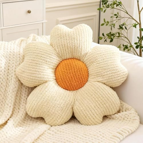 Blumenkissen, 50x50cm Blumen Kissen Plüsch, Blume Sitzkissen, Bodenkissen Frühling, Zierkissen, Dekokissen, Blumenförmiges Kuschelkissen, Plüschkissen, Blumenbodenkissen für Schlafzimmer Sofa (Weiß)