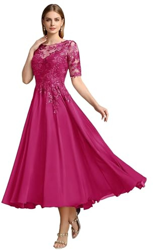 Vestido de gasa con apliques de encaje para madre de la novia, para invitada de boda, media manga, acampanado, vestido de madre del novio, fucsia, 44