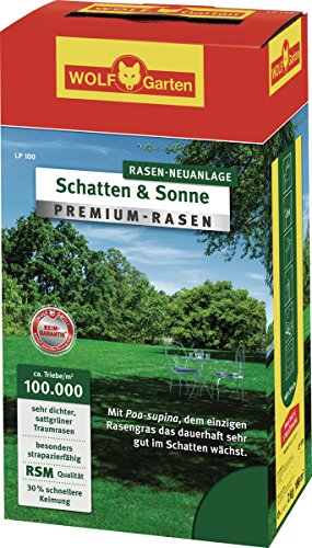 WOLF-Garten „Schatten & Sonne“ Premium-Rasen LP 50 (für 50 m², sehr hohe Dichte mit ca. 100.000 Trieben/m2, besonders strapazierfähig, hohe Schattenverträglichkeit, 1kg Faltschachtel) 3820031
