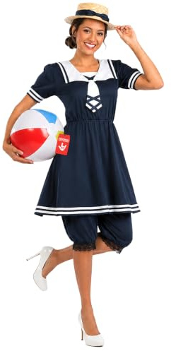 Fun Shack, Victorian Bathing Suit Costume Women, Halloween Costume | Navy Dress with White Trim, Matching Bloomers Included, Perfect for Halloween, Great for Fancy Dress