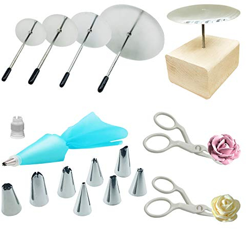 Woohome 17 PC Cake Decorating Supplies - 4 Flower Nails, 2 Flower Lifters, 1 Wood Holder & Cake Decorating Tips Combo