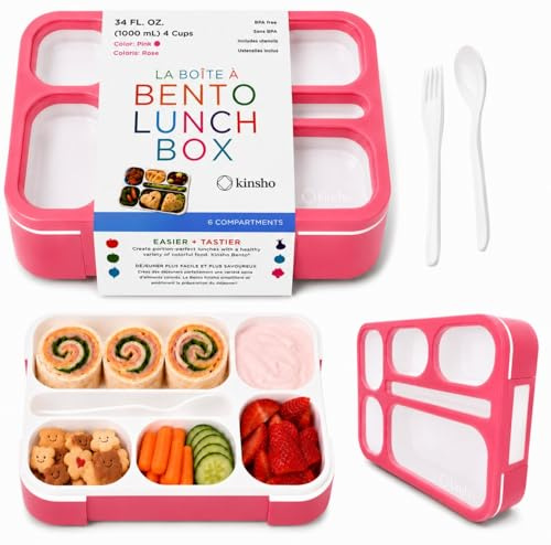 KINSHO Bento-Box Lunch Boxes | Containers for Kids, Adults, Girls | 6 Compartment Leakproof School Bentobox Kit | Portion Container Boxes with Utensils | BPA-Free | 1 Pink Set
