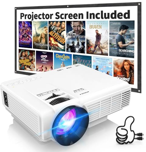 PANSEBA 1080P Mini Projector with Screen, Portable Home Theater Movie Projector with Two-Way Bluetooth, HDMI/USB Input for Smartphone/TV Stick, Ideal for Indoor & Outdoor Use, White