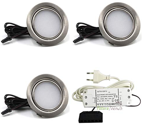 vislux LED Einbaustrahler 12V 3000K Warmweiß 3W, einbaustrahler LED flache 12V/230V 190LM Bohrloch 55-60mm und 16mm flach, Möbeleinbauleuchte Einbauspots mit 1,8m Kabel, Edelstahlgebürstet - (3er SET)