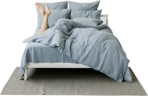 Bettwäsche set aus 100% Stonewashed Leinen in Grau Blau I Sets enthalten 1 Deckenbezug 135x200 cm und 1 Kissenbezug 40x80 cm I Deckenbezug mit Reißverschluss, Kissenbezüge mit Umschlagverschluss
