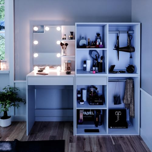 Vicco Schminktisch Isabelle, Weiß, 140 cm mit LED Beleuchtung und Schränken, Platzsparend und funktional zugleich