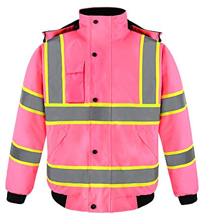 SMASYS Hi-Viz Quilted Padding Safety Bomber Jacket for Men, ANSI Class 3 High Visibility Reflective Tapes, Full-Zip with Detachable Hood Waterproof Construction Workerwear (Pink,L)
