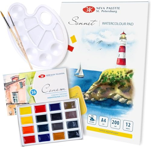 Sonnet Set d'aquarelle essentiel 16 peintures aquarelle, bloc de papier, palette et pinceaux | Produit par Nevskaya Palitra
