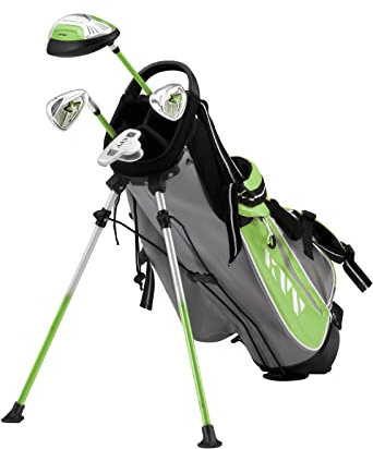 KVV Junior komplett golfklubbsset för barn/barn högerhand, 4-delat set inkluderar överdimensionerad förare, S # & 7# järn, putter, huvudskydd, bärbar golfstativväska (Lime8-10)
