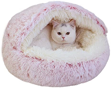 qing yun Katzenhöhlenbett, flauschiger Katzen-Versteck Schlafsack, gemütlicher Plüsch, warmes Haustierbett, Hundehöhle, Angstlinderung, Katzen-Iglu Bett für Indoor-Katzen (40 cm, Plüsch-Rosa)