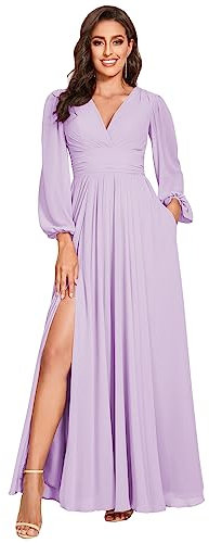vintys VT001 - Vestido de dama de honor con cuello en V para mujer, manga larga, plisado, gasa, formal, vestido de fiesta de noche para boda, Lila, 0