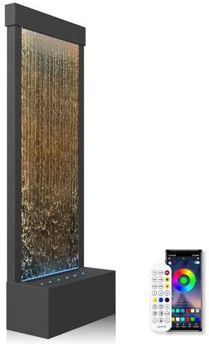 LONGRUN 48 Inch Large Indoor Water Feature, Decorative Waterfall and Fountain for Home or Garden, Multicolor LED Light Controllable by APP, Freestanding Floor Mirror