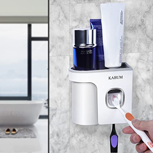 KABUM Zahnbürstenhalter für Badezimmer Zahnpastaspender – Tasse Automatischer Zahnpasta-Pressierer, Wandmontage, Zahnbürsten- und Zahnpasta-Halter, Grau