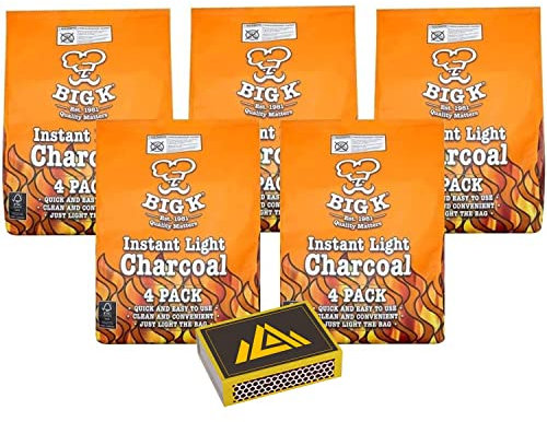Perfectonish Restaurant Grade Charcoal for BBQ - 4 x1kg Instant Easy to Light Charcoal BBQ Bags for Grilling Portable Lumpwood Coal for Barbecue With Safet Match Box (Pack of 1)