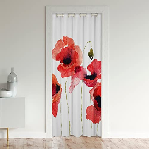 Loussiesd Tenda per porta con fiori di papavero per la privacy, 86 x 203 cm, tenda oscurante per camera da letto, rustica, tema giardino primaverile, bianca, 30%-50%