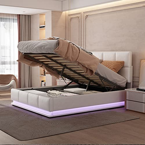 Moimhear Cama doble acolchada de 140 x 200 cm, con somier de madera y metal, cabecero acolchado elevable y cajón con mecanismo hidráulico (blanco)