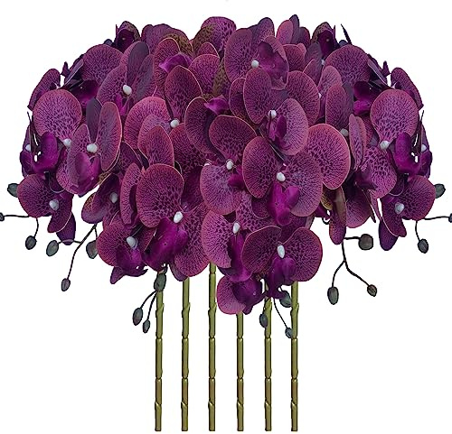 FagusHome 32 Inch Artificial Phalaenopsis Flowers 6 Pcs Artificial Orchid Flowers Stem Plants for Home Décor (Purple Piebald)