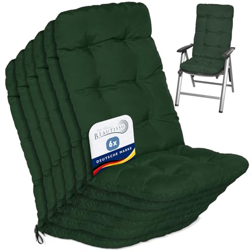 Beautissu 6er Set Hochlehner Auflagen für Gartenstühle Outdoor Stuhlkissen | 120x50x8cm Dunkelgrün Sitzpolster Gartenstuhlauflage Gartenstuhl Rückenlehne hoch Polster Sitzauflage Terrasse Flair HL
