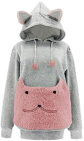 Damen Pullover Kapuzenpullover mit Katzen Hund Tasche Hundetasche Katze Sweatshirt Pulli Hoodie Kapuze Katzenpulli Beutel Langarm Herbst Winter Sweatshirt
