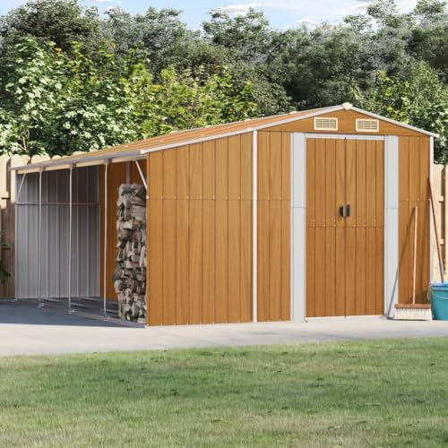 Tidyard Capanno,Casetta,da Giardino,per Esterno,con Portalegna,con Porte,in Acciaio Zincato,Marrone Chiaro,277x365,5x179 cm,Capanno Casetta Attrezzi da Giardino Acciaio,Capanno Casetta in Metallo