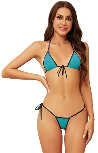 Dadress Micro Bikini Set Extreme Sexy Halter Costume da Bagno per Le Donne Cravatta Lato G-String Costumi da Bagno Cheeky Mini Bikini, B-Azzurro, Taglia Unica