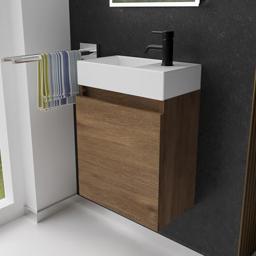 Alpenberger Waschbecken mit Unterschrank 45 cm | Badezimmermöbel Set | Kleines Waschbecken Gäste WC | Waschtisch Set | Unterschrank Bad Waschbeckenunterschrank Eiche