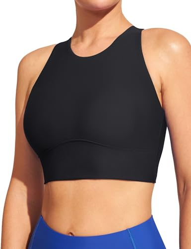 IUGA Bikini Tops for Women Adjustable Cross Back Swim Top Quick Dry Bathing Suit Tops High Neck Swim Bra UPF 50+ Black
