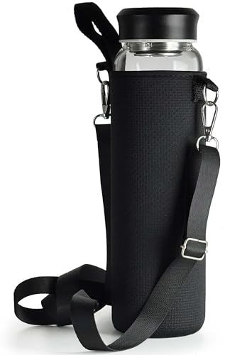 drinmoaer 1 Liter Glasflasche mit schwarzem Edelstahldeckel | Weitöffnende Cold Brew Wasserflasche mit Neoprenhülle | Trinkflasche 1l