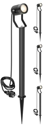 ledscom.de 4 SHINGA trädgårdsstrålkastare med jordspett och 40 cm bas för utomhusbruk, IP65, stickpropp, svart, inkl. GU10 LED-lampa 468lm, varmvit