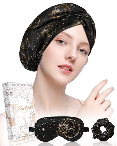 Miss Adola Silk Bonnet for Sleeping - Mulberry Silk Hair Bonnet for Women Sleeping Cap with Scrunchie & Eye Mask 19 Momme Night Cap with Elastic Stay On Head for Curly Hair Care, Black Sun