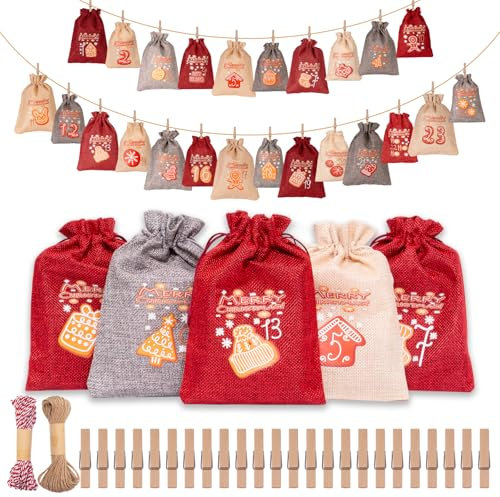 PUWOWYE Calendario de Adviento para Rellenar 2025, 24 Calendario de Navidad Bolsas Vacio,Calendario Adviento Diy, Bolsas para Calendario de Adviento, con Pinzas de Madera y 10m de Cuerda
