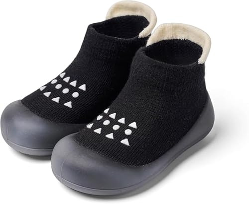 Skor för barn halkfria skor för första steget babystrumpor med gummisula unisex barnskor, Svart, 6-12 mesi