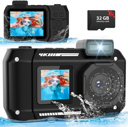 Caméra sous-Marine étanche 4K 48MP 33FT/10M avec Carte 32G, Robuste, Anti-poussière, Antichoc, autofocus, Selfie, Double écran, Appareil Photo numérique sous-Marin pour la plongée en apnée (Noir)