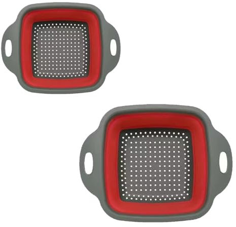 Surwin 2 Piezas Cuadrado Colador de Cocina, Cocina Plegable Colador de Silicona, Colador de Silicona de Portátil, Escurridor Pasta para Frutas, Verduras (Rojo)