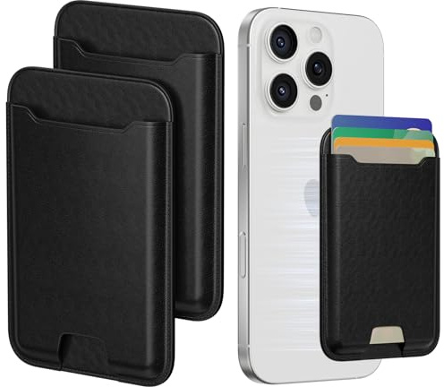 2 Packs Phone Card Holder, Leather Phone Wallet Stick on, Stronger Nano Adhesive Credit Card Holder for Back of Phone Case, With RFID Blocking, Fit 4 Cards for iPhone, Samsung, and Android, Black
