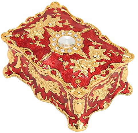 NOENNULL Vintage-Schmuckschatulle, Mini-Schmuckschatulle, europäischer Stil, antikes Schmuckkästchen, Metall, Emaille, Ringe, Halsketten, Ohrringe, Organizer (Gold, Rot)
