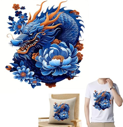2pcs Blue Dragon & Peony Flower Iron On Transfers for T-Shirts Rub on Transfers Stickers Vinyl Ready to Press Stickers Iron on Decals for T-Shirts Clothing Hoodie DIY Crafts