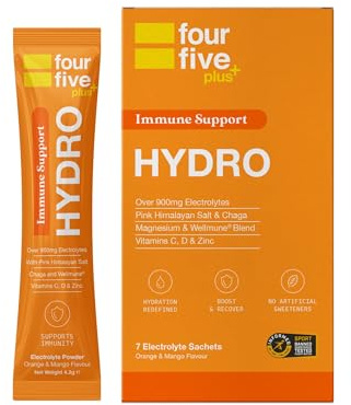 fourfive Hydration Sachets (Immune Support) - Hydro Electrolytes Powder with Vitamins, Wellmune® & Chaga Mushroom, Immunity for Defence - Orange & Mango, 7 Sachets