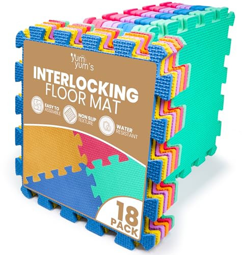 Yum Yum's 18 Pack of Multi Colour Baby Play Mat – 29x29cm EVA Foam Mats for Kids – Soft & Non Slip Interlocking Floor Mats – Waterproof 7mm Thick Foam Play Mat -Safe and Comfortable for Children