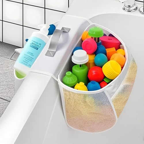 ZOYDP Badewannenspielzeug Aufbewahrung, Netz Tasche mit 2 Fächern für Badespielzeug und Pflegeprodukte, Weiß, Nylon, Offene Oberseite
